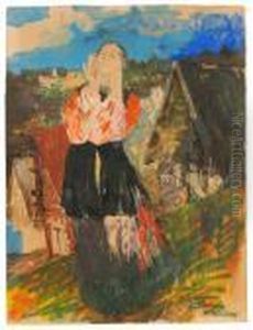 Peasant Woman In A Landscape by Philippe Andreevitch Maliavine