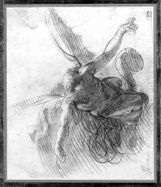 A flying angel, his wings spread, looking down - view 1