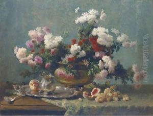 Chrysanthemums in a brass urn, and a silver tray and jug on a draped table