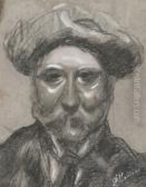 "volto Di Uomo Con Cappello". 
Lapis, Carboncino E Biacca Su Carta, Cm.35x27, Cornice Moderna. Firmato 
In Basso A Destra - view 1