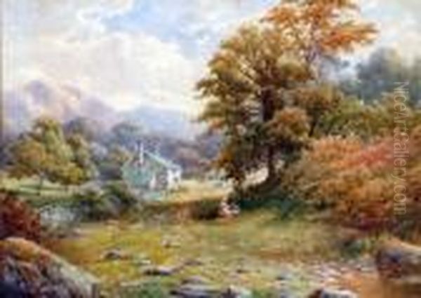 Figures Resting In A Country Landscape With Cottage - view 1