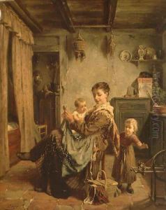 Cache-Cache, an interior with mother and child by Charles Petit