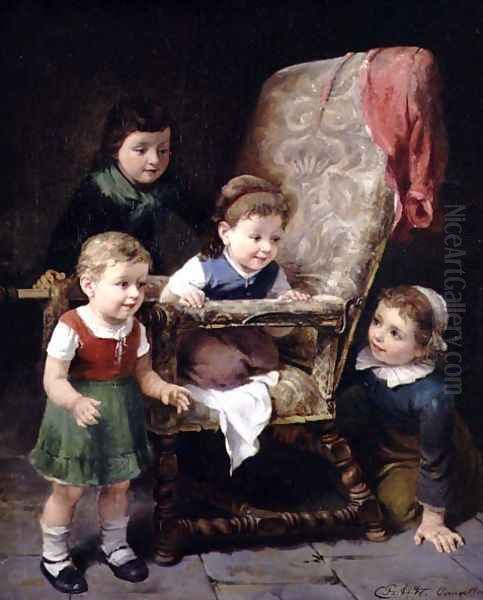 Children playing round a chair - view 1
