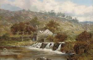 Figures Beside A Cottage Beside A River by William Henry Mander