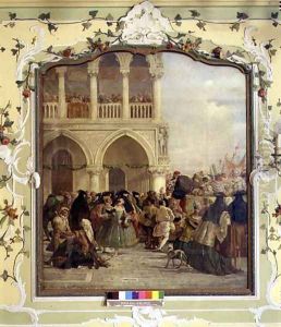 A Masked Ball in St. Marks Square at the Cafe Florian, Venice by V. Ponga