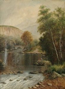 Mountainous River Landscape With Figures Fishing From A Rock In The Foreground by William Henry Mander