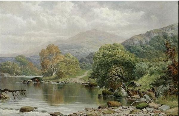 River Landscape With Angler On A Bank - view 1