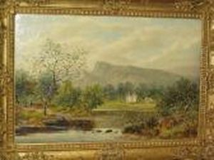 Welsh River Landscape With Cattle And Cottages Before A Hillside by William Henry Mander