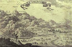 View of La Junquera with the river Llobregat and the Panisar and Pertus passes and Belgarde Castle in the background during the Negotiations of the Franco-Hispanic Treaty of the Pyrenees in 1659 by Adam Perelle