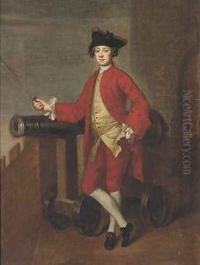 Portrait of an officer, small full-length, on a battlement, resting his arm on a canon by Edward Penny