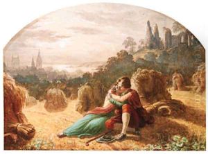 Lovers in an embrace beside corn stooks