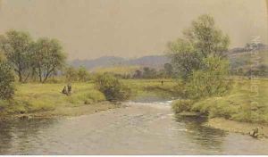 Anglers on the banks of a river by Waller Hugh Paton