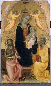 Enthroned Madonna and Child being crowned by two Angels, John the Baptist and the Apostle Peter, c.1410-20 by Baldese Pseudo