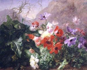Still Life of Anemones in Undergrowth by Elise Puyroche-Wagner