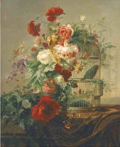 A parakeet in a gilded cage under a canopy of summer flowers by Elise Puyroche-Wagner