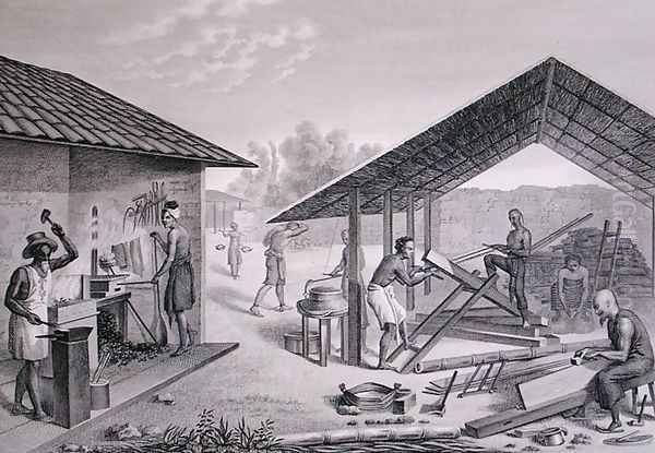 Diverse Mechanical Work, Coupang, Timor, from Voyage Autour du Monde sur les Corvettes de LUranie 1817-20 engraved by Schroeder, published 1825 - view 1