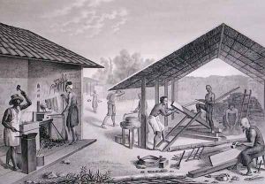Diverse Mechanical Work, Coupang, Timor, from Voyage Autour du Monde sur les Corvettes de LUranie 1817-20 engraved by Schroeder, published 1825