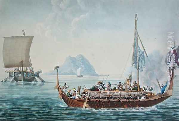 View of the Corocores of the Island of Guebe, from the Island of Pisang, from Voyage Autour du Monde sur les Corvettes de LUranie 1817-20 engraved by Coutant, published 1825 - view 1