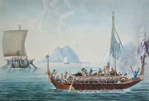 View of the Corocores of the Island of Guebe, from the Island of Pisang, from Voyage Autour du Monde sur les Corvettes de LUranie 1817-20 engraved by Coutant, published 1825