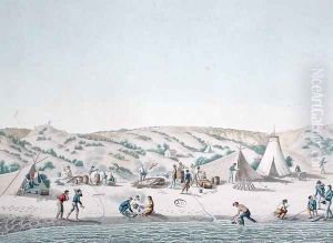 Baie des Chiens Marins, New Holland The Camp of l'Uranie near Ile Peron, from Voyage Autour du Monde sur les Corvettes de LUranie engraved by Forget after a design by Marchais, published 1817-20 by Alphonse Pellion