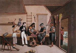 Interior of a House in Coupang, Timor, from Voyage Autour du Monde sur les Corvettes de LUranie 1817-20, engraved by Lerouge and Forget, published 1825