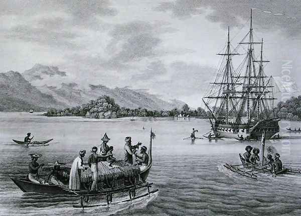 The Papous Islands View of the Uranie Moored by the Island of Rawak, from Voyage Autour du Monde sur les Corvettes de LUranie 1817-20 engraved by Niquet, published 1825 - view 1