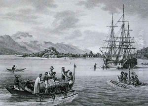 The Papous Islands View of the Uranie Moored by the Island of Rawak, from Voyage Autour du Monde sur les Corvettes de LUranie 1817-20 engraved by Niquet, published 1825