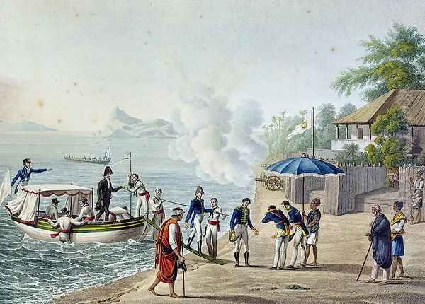 View of Our First Landing at the Portuguese Establishment at Dille, Timor, from Voyage Autour du Monde sur les Corvettes de LUranie 1817-20 engraved by Lerouge and Forget, published 1825 - view 1