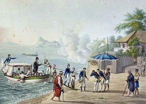 View of Our First Landing at the Portuguese Establishment at Dille, Timor, from Voyage Autour du Monde sur les Corvettes de LUranie 1817-20 engraved by Lerouge and Forget, published 1825 by Alphonse Pellion