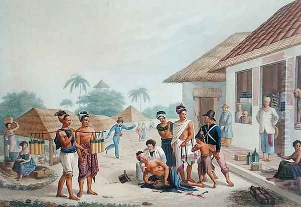 View of the Bazaar at Coupang, Timor, from Voyage Autour du Monde sur les Corvettes de LUranie 1817-20 engraved by Pomel, published 1825 - view 1