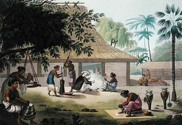 Domestic Activities, Coupang, Timor, from Voyage Autour du Monde sur les Corvettes de LUranie 1817-20, engraved by Forget, published 1825 - view 1