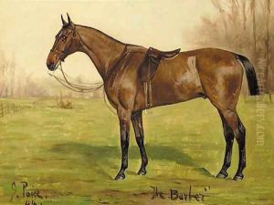 The Barber, a saddled bay hunter in a landscape by George Paice