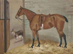 A saddled bay hunter in a stable with a goat by George Paice