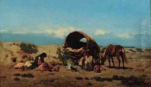 Travellers with their wagon in a landscape by August Xaver Karl von Pettenkofen