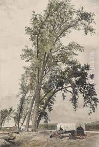 Council Bluffs Ferry and a Group of Cottonwood Trees, Iowa, 1853 by Frederick Piercy
