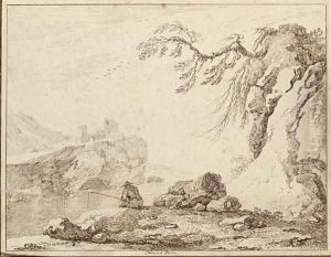 An extensive landscape with a fisherman by a river, a castle seen on the far bank by Giuseppe Palmieri
