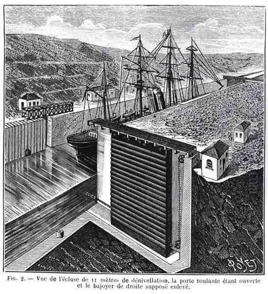 Designs by Gustave Eiffel 1832-1923 for locks in the Panama Canal, illustration from the magazine Le Genie Civil, 1888 - view 1