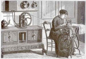 Daussins steam motor, heated on the kitchen stove, being used to power a sewing machine, from La Nature, published 1883 by Louis Poyet