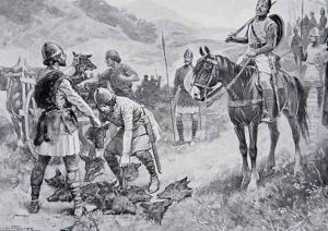 The Welsh paying a tribute of Wolves heads to Edgar, illustration from the book The History of the Nation by Ernest Prater
