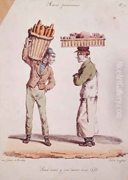 Caricature of two young tradesmen talking, plate number 72 from the Moeurs Parisiennes series, engraved by Langlume, c.1820 - view 1