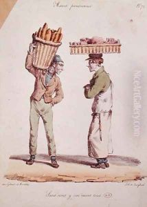 Caricature of two young tradesmen talking, plate number 72 from the Moeurs Parisiennes series, engraved by Langlume, c.1820