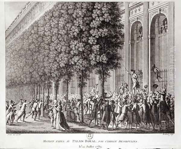 Camille Desmoulins 1760-94 Speaking at the Palais Royal, 12 July 1789, engraved by Pierre Gabriel Berthault 1737-1831 - view 1