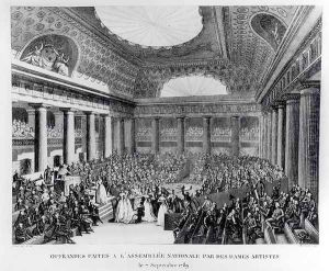 Offerings Made to the National Assembly in the Salle des Menus-Plaisirs by Women Artists, 7th September 1789, engraved by Pierre Gabriel Berthault 1737-1831 by Prieur, Jean Louis, II