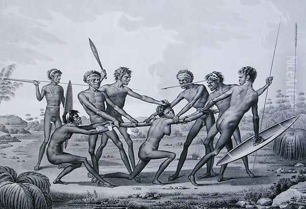 Port Jackson, New Holland Aboriginal Pre-Marriage Ceremony, from Voyage Autour du Monde sur les Corvettes de LUranie 1817-20 engraved by Lerouge and Forget, published 1825 - view 1