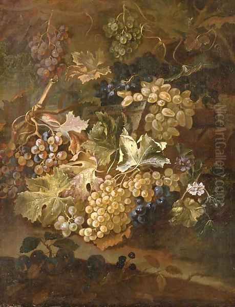 Grapes on the vine and blackberries on a stone ledge - view 1