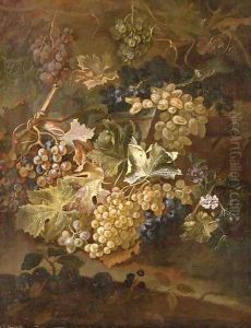 Grapes on the vine and blackberries on a stone ledge by Maximilian Pfeiler