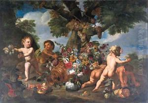 Putti playing with fruit by an upturned urn of flowers by Maximilian Pfeiler