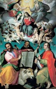 The Coronation of the Virgin with Saints Luke, Dominic, and John the Evangelist, c.1580 by Bartolomeo Passarotti