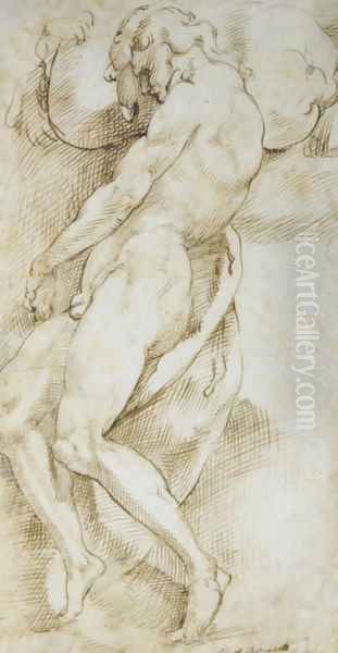 A nude man carrying a boulder - view 1