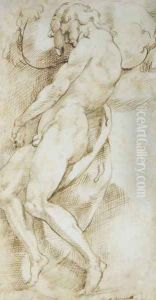 A nude man carrying a boulder